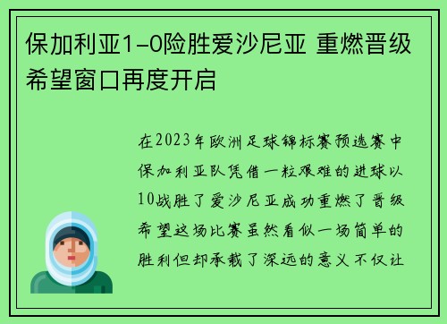 保加利亚1-0险胜爱沙尼亚 重燃晋级希望窗口再度开启