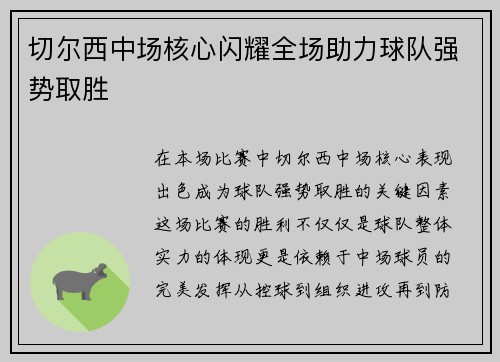 切尔西中场核心闪耀全场助力球队强势取胜