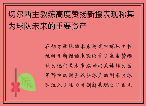 切尔西主教练高度赞扬新援表现称其为球队未来的重要资产