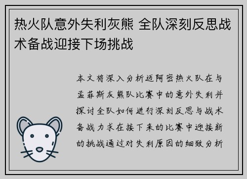 热火队意外失利灰熊 全队深刻反思战术备战迎接下场挑战