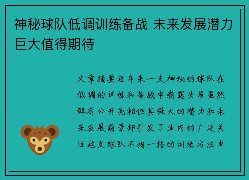 神秘球队低调训练备战 未来发展潜力巨大值得期待