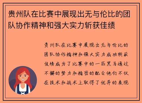 贵州队在比赛中展现出无与伦比的团队协作精神和强大实力斩获佳绩