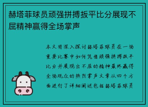 赫塔菲球员顽强拼搏扳平比分展现不屈精神赢得全场掌声