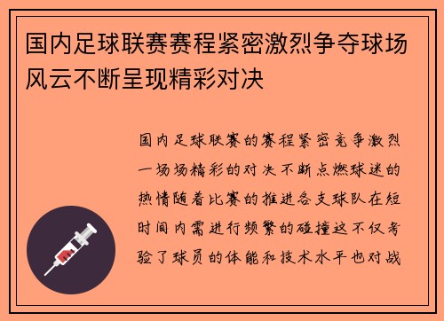 国内足球联赛赛程紧密激烈争夺球场风云不断呈现精彩对决